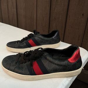 Gucci Black Leather Sneakers with Red and Blue Accents